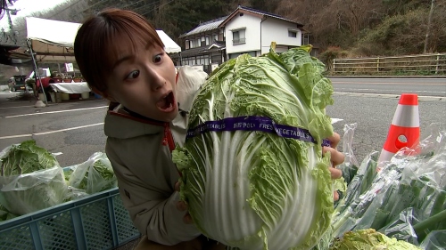 抱えるのも大変そうな大きなハクサイに難波リポーターが驚いている