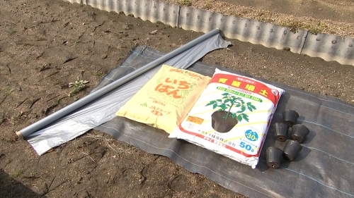マルチシートと肥料と育苗用の土とポット
